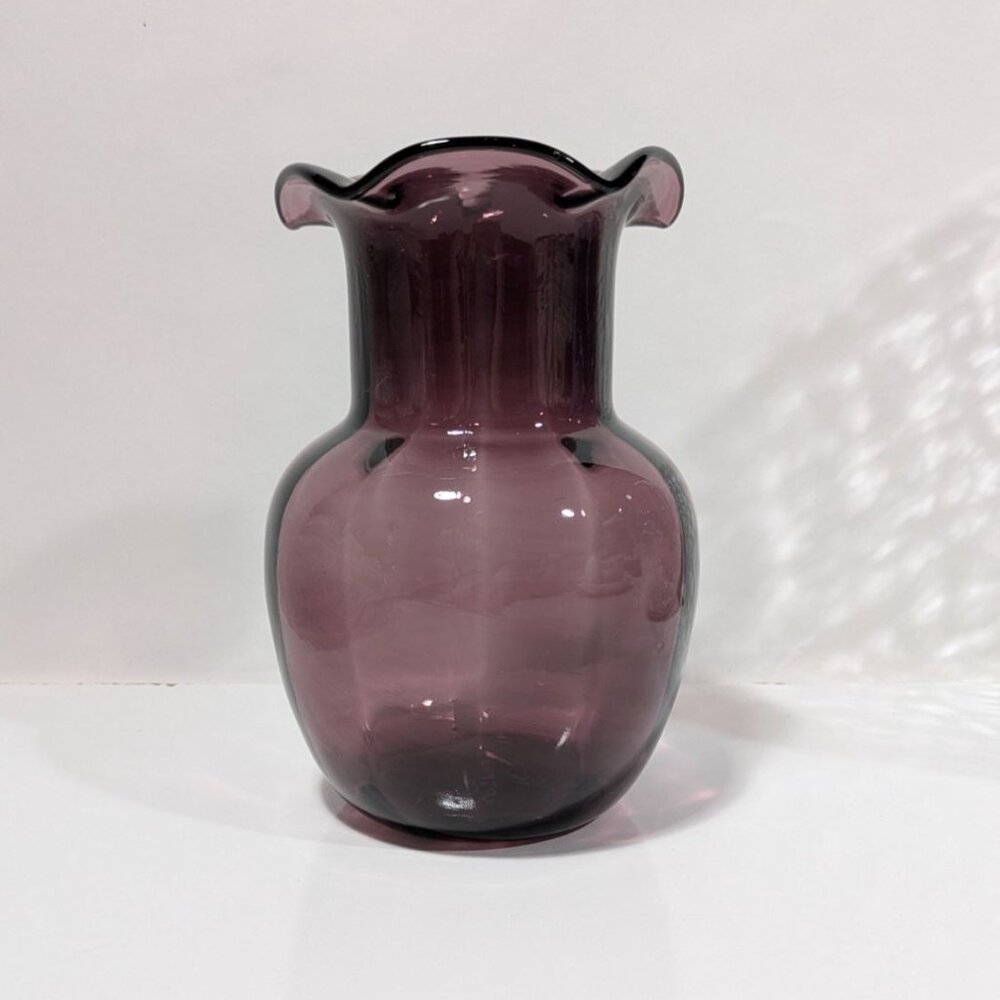 Vintage Amethyst Purple Glass Vase Ruffled Edge Handblown Style